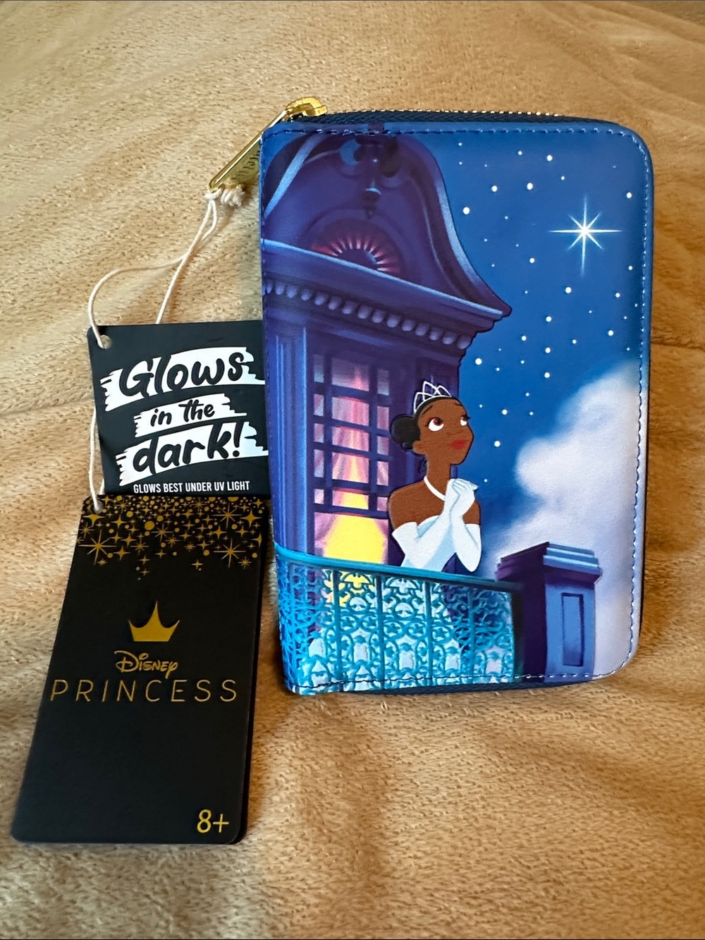 Disney Loungefly Blue Princess Tiana Glow-In-The-Dark Zip Wallet NWT